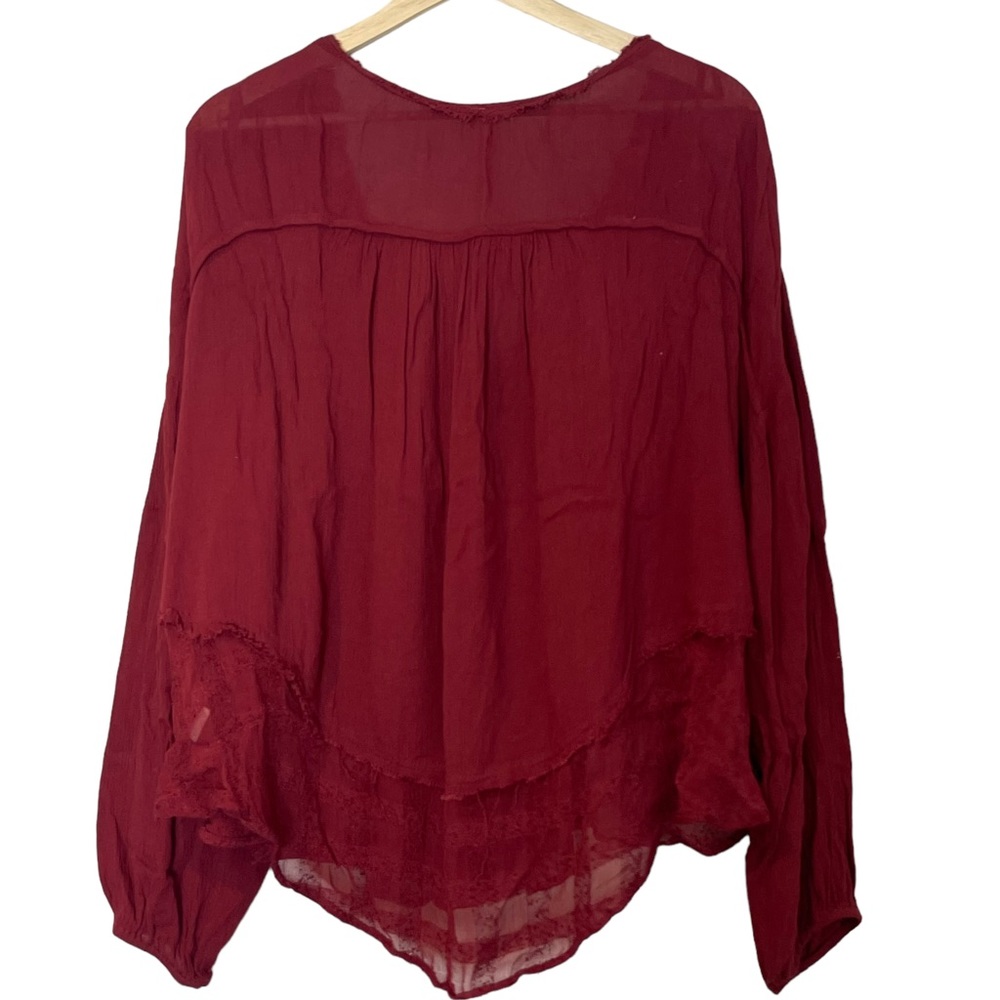 FREE PEOPLE Rainy Days Gauze Lace Oversized Boho Peasant Swing Top Burgundy M - Picture 3 of 13
